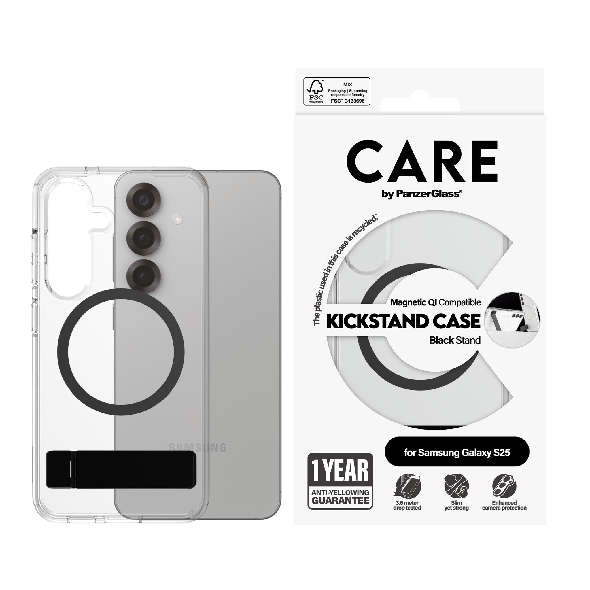 CARE by PanzerGlass® Case Transparent w. Black Kickstand & Qi Compatible Samsung Galaxy S25
